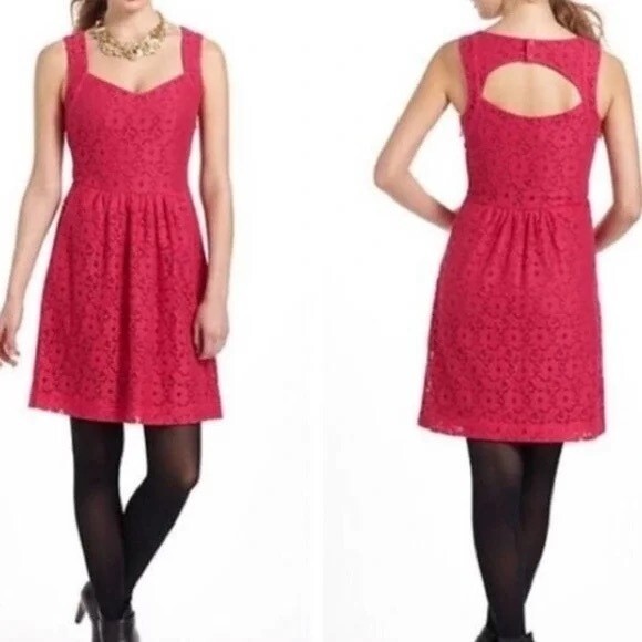 Anthropologie Deletta Pink Lace Dress Open Cutout Back Fit & Flare Sz. Medium - Picture 4 of 8